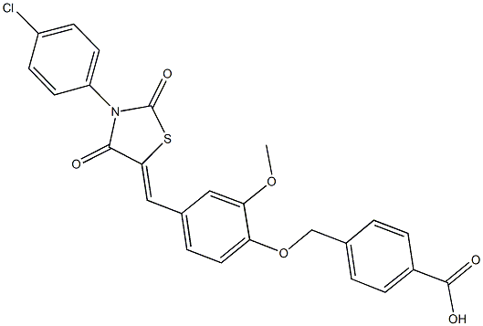 4-[(4-{[3-(4-chlorophenyl)-2,4-dioxo-1,3-thiazolidin-5-ylidene]methyl}-2-methoxyphenoxy)methyl]benzoic acid Struktur