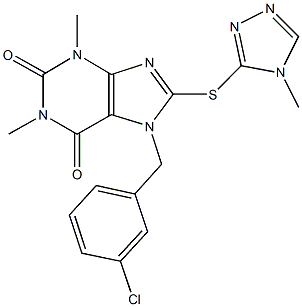 7-(3-chlorobenzyl)-1,3-dimethyl-8-[(4-methyl-4H-1,2,4-triazol-3-yl)sulfanyl]-3,7-dihydro-1H-purine-2,6-dione Struktur