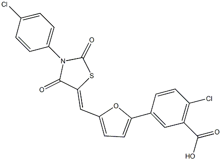 2-chloro-5-(5-{[3-(4-chlorophenyl)-2,4-dioxo-1,3-thiazolidin-5-ylidene]methyl}-2-furyl)benzoic acid Struktur