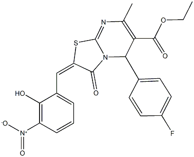 ethyl 5-(4-fluorophenyl)-2-{2-hydroxy-3-nitrobenzylidene}-7-methyl-3-oxo-2,3-dihydro-5H-[1,3]thiazolo[3,2-a]pyrimidine-6-carboxylate Struktur