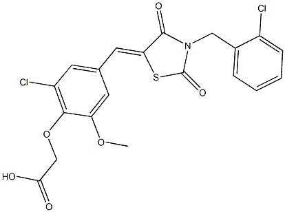 (2-chloro-4-{[3-(2-chlorobenzyl)-2,4-dioxo-1,3-thiazolidin-5-ylidene]methyl}-6-methoxyphenoxy)acetic acid Struktur