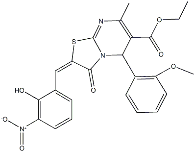 ethyl 2-{2-hydroxy-3-nitrobenzylidene}-5-(2-methoxyphenyl)-7-methyl-3-oxo-2,3-dihydro-5H-[1,3]thiazolo[3,2-a]pyrimidine-6-carboxylate Struktur