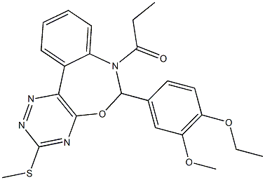 6-(4-ethoxy-3-methoxyphenyl)-3-(methylsulfanyl)-7-propionyl-6,7-dihydro[1,2,4]triazino[5,6-d][3,1]benzoxazepine Struktur