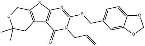 3-allyl-2-[(1,3-benzodioxol-5-ylmethyl)sulfanyl]-6,6-dimethyl-3,5,6,8-tetrahydro-4H-pyrano[4',3':4,5]thieno[2,3-d]pyrimidin-4-one Struktur