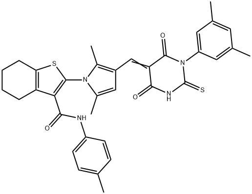 2-{3-[(1-(3,5-dimethylphenyl)-4,6-dioxo-2-thioxotetrahydro-5(2H)-pyrimidinylidene)methyl]-2,5-dimethyl-1H-pyrrol-1-yl}-N-(4-methylphenyl)-4,5,6,7-tetrahydro-1-benzothiophene-3-carboxamide Struktur