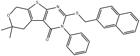 6,6-dimethyl-2-[(2-naphthylmethyl)sulfanyl]-3-phenyl-3,5,6,8-tetrahydro-4H-pyrano[4',3':4,5]thieno[2,3-d]pyrimidin-4-one Struktur