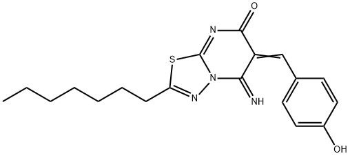 2-heptyl-6-(4-hydroxybenzylidene)-5-imino-5,6-dihydro-7H-[1,3,4]thiadiazolo[3,2-a]pyrimidin-7-one Struktur