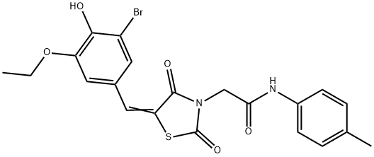 2-[5-(3-bromo-5-ethoxy-4-hydroxybenzylidene)-2,4-dioxo-1,3-thiazolidin-3-yl]-N-(4-methylphenyl)acetamide Struktur