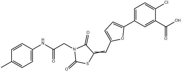 2-chloro-5-[5-({2,4-dioxo-3-[2-oxo-2-(4-toluidino)ethyl]-1,3-thiazolidin-5-ylidene}methyl)-2-furyl]benzoic acid Struktur