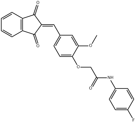 2-{4-[(1,3-dioxo-1,3-dihydro-2H-inden-2-ylidene)methyl]-2-methoxyphenoxy}-N-(4-fluorophenyl)acetamide Struktur