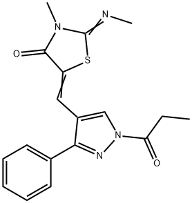 3-methyl-2-(methylimino)-5-[(3-phenyl-1-propionyl-1H-pyrazol-4-yl)methylene]-1,3-thiazolidin-4-one Struktur