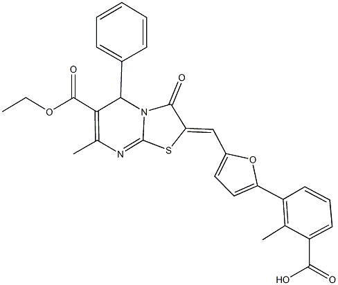 3-{5-[(6-(ethoxycarbonyl)-7-methyl-3-oxo-5-phenyl-5H-[1,3]thiazolo[3,2-a]pyrimidin-2(3H)-ylidene)methyl]-2-furyl}-2-methylbenzoic acid Struktur