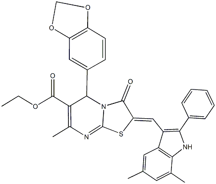 ethyl 5-(1,3-benzodioxol-5-yl)-2-[(5,7-dimethyl-2-phenyl-1H-indol-3-yl)methylene]-7-methyl-3-oxo-2,3-dihydro-5H-[1,3]thiazolo[3,2-a]pyrimidine-6-carboxylate Struktur