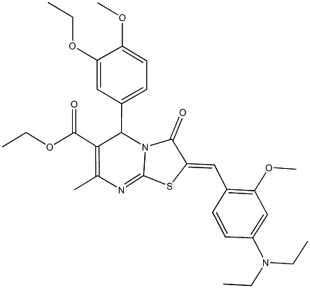 ethyl 2-[4-(diethylamino)-2-methoxybenzylidene]-5-(3-ethoxy-4-methoxyphenyl)-7-methyl-3-oxo-2,3-dihydro-5H-[1,3]thiazolo[3,2-a]pyrimidine-6-carboxylate Struktur