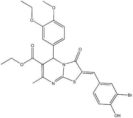 ethyl2-(3-bromo-4-hydroxybenzylidene)-5-(3-ethoxy-4-methoxyphenyl)-7-methyl-3-oxo-2,3-dihydro-5H-[1,3]thiazolo[3,2-a]pyrimidine-6-carboxylate Struktur