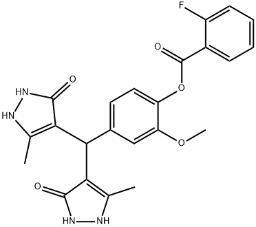 4-[bis(5-hydroxy-3-methyl-1H-pyrazol-4-yl)methyl]-2-methoxyphenyl 2-fluorobenzoate Struktur