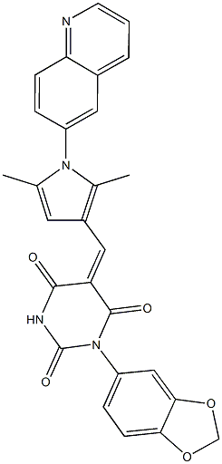 1-(1,3-benzodioxol-5-yl)-5-{[2,5-dimethyl-1-(6-quinolinyl)-1H-pyrrol-3-yl]methylene}-2,4,6(1H,3H,5H)-pyrimidinetrione Struktur