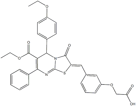 {3-[(6-(ethoxycarbonyl)-5-(4-ethoxyphenyl)-3-oxo-7-phenyl-5H-[1,3]thiazolo[3,2-a]pyrimidin-2(3H)-ylidene)methyl]phenoxy}acetic acid Struktur