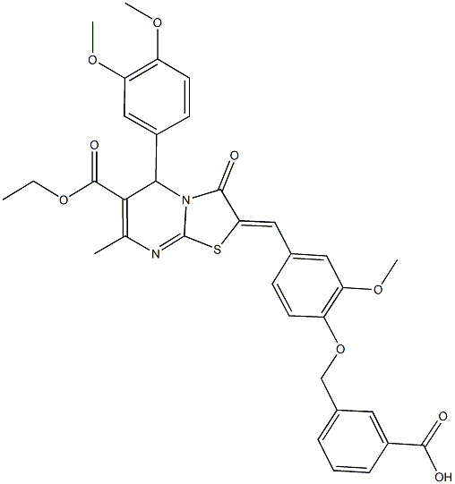 3-({4-[(5-(3,4-dimethoxyphenyl)-6-(ethoxycarbonyl)-7-methyl-3-oxo-5H-[1,3]thiazolo[3,2-a]pyrimidin-2(3H)-ylidene)methyl]-2-methoxyphenoxy}methyl)benzoic acid Struktur