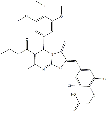 {2,6-dichloro-4-[(6-(ethoxycarbonyl)-7-methyl-3-oxo-5-(3,4,5-trimethoxyphenyl)-5H-[1,3]thiazolo[3,2-a]pyrimidin-2(3H)-ylidene)methyl]phenoxy}acetic acid Struktur