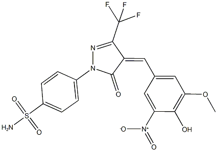 4-[4-{4-hydroxy-3-nitro-5-methoxybenzylidene}-5-oxo-3-(trifluoromethyl)-4,5-dihydro-1H-pyrazol-1-yl]benzenesulfonamide Struktur