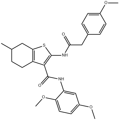 N-(2,5-dimethoxyphenyl)-2-{[(4-methoxyphenyl)acetyl]amino}-6-methyl-4,5,6,7-tetrahydro-1-benzothiophene-3-carboxamide Struktur