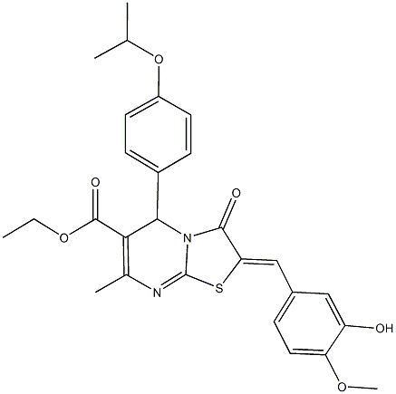 ethyl 2-(3-hydroxy-4-methoxybenzylidene)-5-(4-isopropoxyphenyl)-7-methyl-3-oxo-2,3-dihydro-5H-[1,3]thiazolo[3,2-a]pyrimidine-6-carboxylate Struktur