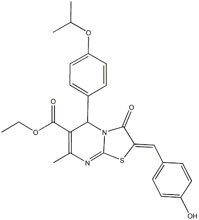 ethyl 2-(4-hydroxybenzylidene)-5-(4-isopropoxyphenyl)-7-methyl-3-oxo-2,3-dihydro-5H-[1,3]thiazolo[3,2-a]pyrimidine-6-carboxylate Struktur