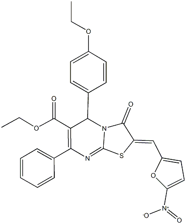 ethyl 5-(4-ethoxyphenyl)-2-({5-nitro-2-furyl}methylene)-3-oxo-7-phenyl-2,3-dihydro-5H-[1,3]thiazolo[3,2-a]pyrimidine-6-carboxylate Struktur