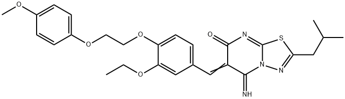 6-{3-ethoxy-4-[2-(4-methoxyphenoxy)ethoxy]benzylidene}-5-imino-2-isobutyl-5,6-dihydro-7H-[1,3,4]thiadiazolo[3,2-a]pyrimidin-7-one Struktur