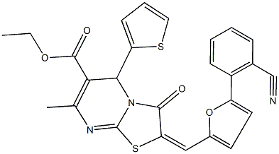 ethyl 2-{[5-(2-cyanophenyl)-2-furyl]methylene}-7-methyl-3-oxo-5-(2-thienyl)-2,3-dihydro-5H-[1,3]thiazolo[3,2-a]pyrimidine-6-carboxylate Struktur