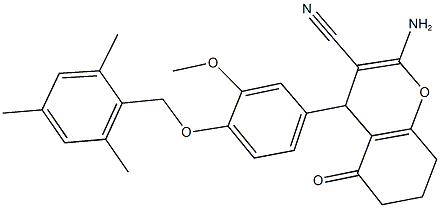 2-amino-4-[4-(mesitylmethoxy)-3-methoxyphenyl]-5-oxo-5,6,7,8-tetrahydro-4H-chromene-3-carbonitrile Struktur