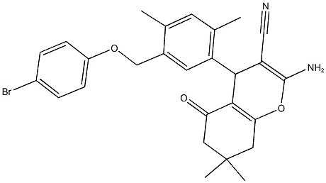 2-amino-4-{5-[(4-bromophenoxy)methyl]-2,4-dimethylphenyl}-7,7-dimethyl-5-oxo-5,6,7,8-tetrahydro-4H-chromene-3-carbonitrile Struktur