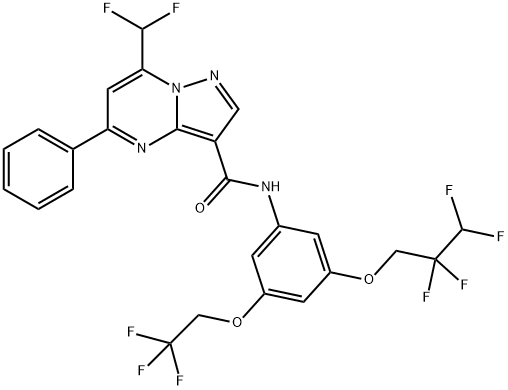 7-(difluoromethyl)-5-phenyl-N-[3-(2,2,3,3-tetrafluoropropoxy)-5-(2,2,2-trifluoroethoxy)phenyl]pyrazolo[1,5-a]pyrimidine-3-carboxamide Struktur