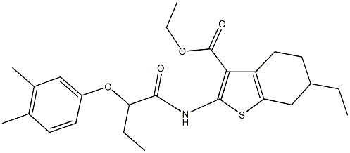 ethyl 2-{[2-(3,4-dimethylphenoxy)butanoyl]amino}-6-ethyl-4,5,6,7-tetrahydro-1-benzothiophene-3-carboxylate Struktur