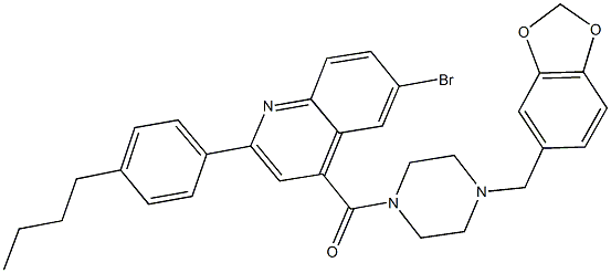 4-{[4-(1,3-benzodioxol-5-ylmethyl)-1-piperazinyl]carbonyl}-6-bromo-2-(4-butylphenyl)quinoline Struktur