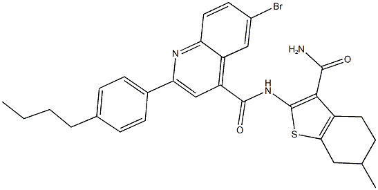 N-[3-(aminocarbonyl)-6-methyl-4,5,6,7-tetrahydro-1-benzothien-2-yl]-6-bromo-2-(4-butylphenyl)-4-quinolinecarboxamide Struktur