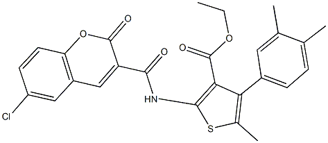 ethyl 2-{[(6-chloro-2-oxo-2H-chromen-3-yl)carbonyl]amino}-4-(3,4-dimethylphenyl)-5-methyl-3-thiophenecarboxylate Struktur