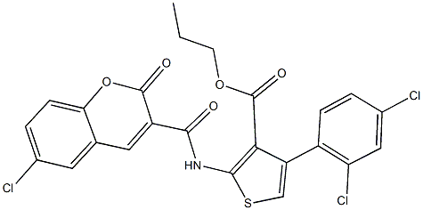 propyl 2-{[(6-chloro-2-oxo-2H-chromen-3-yl)carbonyl]amino}-4-(2,4-dichlorophenyl)-3-thiophenecarboxylate Struktur