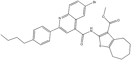 methyl 2-({[6-bromo-2-(4-butylphenyl)-4-quinolinyl]carbonyl}amino)-5,6,7,8-tetrahydro-4H-cyclohepta[b]thiophene-3-carboxylate Struktur