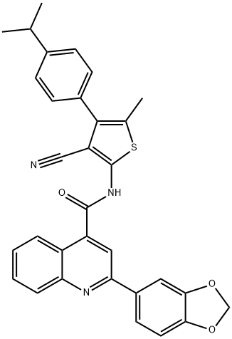 2-(1,3-benzodioxol-5-yl)-N-[3-cyano-4-(4-isopropylphenyl)-5-methyl-2-thienyl]-4-quinolinecarboxamide Struktur