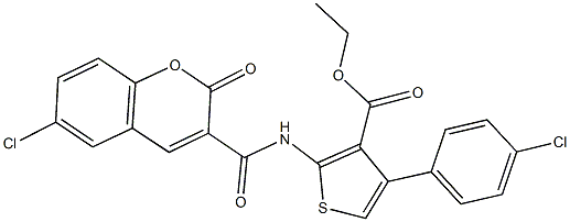 ethyl 2-{[(6-chloro-2-oxo-2H-chromen-3-yl)carbonyl]amino}-4-(4-chlorophenyl)-3-thiophenecarboxylate Struktur