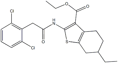 ethyl 2-{[(2,6-dichlorophenyl)acetyl]amino}-6-ethyl-4,5,6,7-tetrahydro-1-benzothiophene-3-carboxylate Struktur