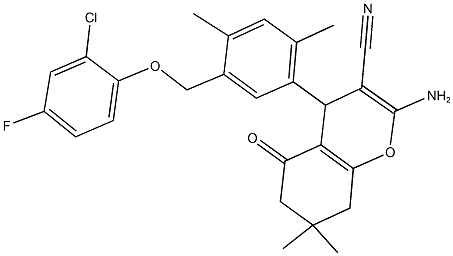 2-amino-4-{5-[(2-chloro-4-fluorophenoxy)methyl]-2,4-dimethylphenyl}-7,7-dimethyl-5-oxo-5,6,7,8-tetrahydro-4H-chromene-3-carbonitrile Struktur