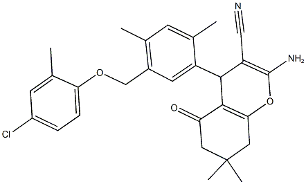 2-amino-4-{5-[(4-chloro-2-methylphenoxy)methyl]-2,4-dimethylphenyl}-7,7-dimethyl-5-oxo-5,6,7,8-tetrahydro-4H-chromene-3-carbonitrile Struktur