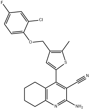 2-amino-4-{4-[(2-chloro-4-fluorophenoxy)methyl]-5-methyl-2-thienyl}-5,6,7,8-tetrahydro-3-quinolinecarbonitrile Struktur