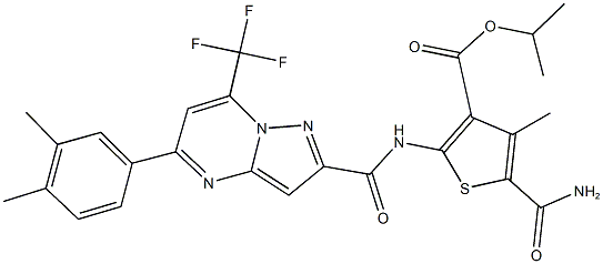 isopropyl 5-(aminocarbonyl)-2-({[5-(3,4-dimethylphenyl)-7-(trifluoromethyl)pyrazolo[1,5-a]pyrimidin-2-yl]carbonyl}amino)-4-methyl-3-thiophenecarboxylate Struktur