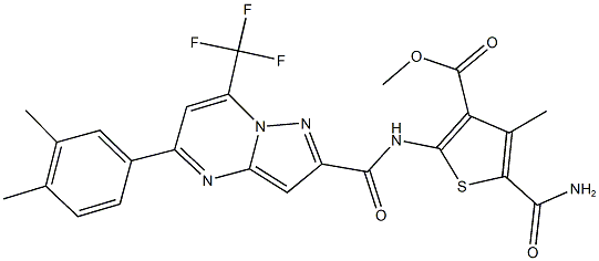 methyl 5-(aminocarbonyl)-2-({[5-(3,4-dimethylphenyl)-7-(trifluoromethyl)pyrazolo[1,5-a]pyrimidin-2-yl]carbonyl}amino)-4-methyl-3-thiophenecarboxylate Struktur