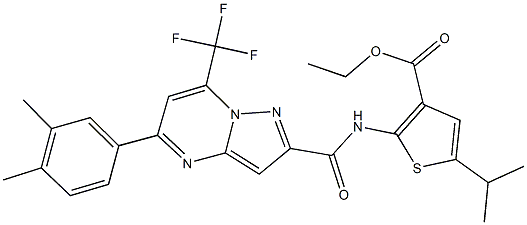 ethyl 2-({[5-(3,4-dimethylphenyl)-7-(trifluoromethyl)pyrazolo[1,5-a]pyrimidin-2-yl]carbonyl}amino)-5-isopropyl-3-thiophenecarboxylate Struktur