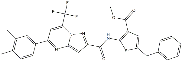 methyl 5-benzyl-2-({[5-(3,4-dimethylphenyl)-7-(trifluoromethyl)pyrazolo[1,5-a]pyrimidin-2-yl]carbonyl}amino)-3-thiophenecarboxylate Struktur